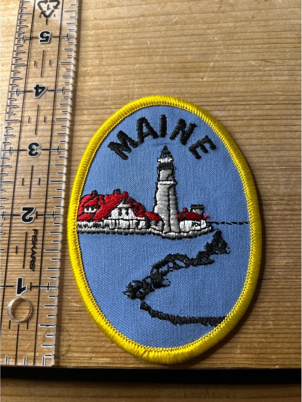 Vintage Maine Lighthouse Embroidered Patch with Yellow Border